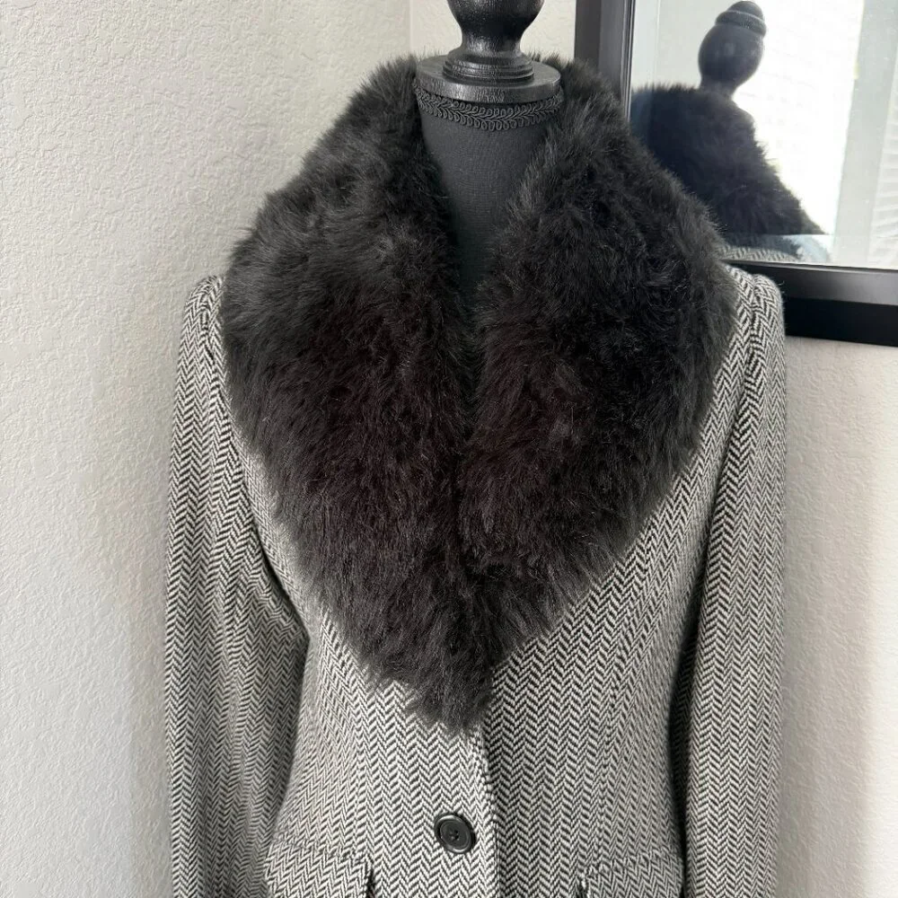 Vintage Y2K George Herringbone Faux Fur Collar Dress Coat Black Ivory Small